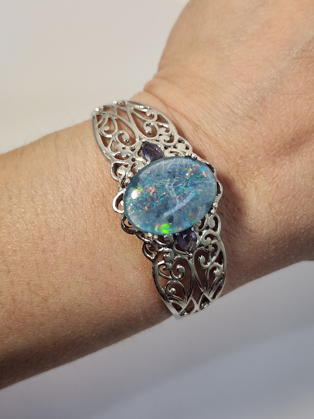 VTG Large Natural Opal & Amethyst 925 Filigree Cuff Btacelet - Picture 7 of 16